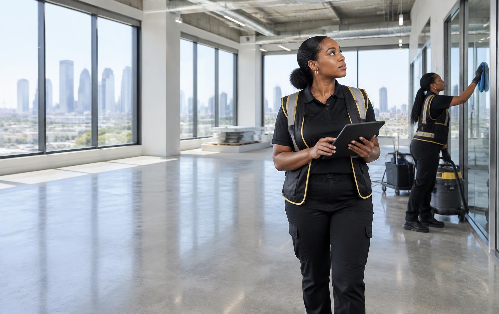 Illustrative photo of a post-construction cleaning team at a commercial site